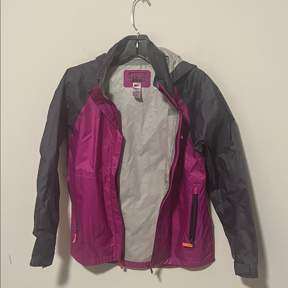 REI Girls' Pink and Gray Hooded Rain Jacket
